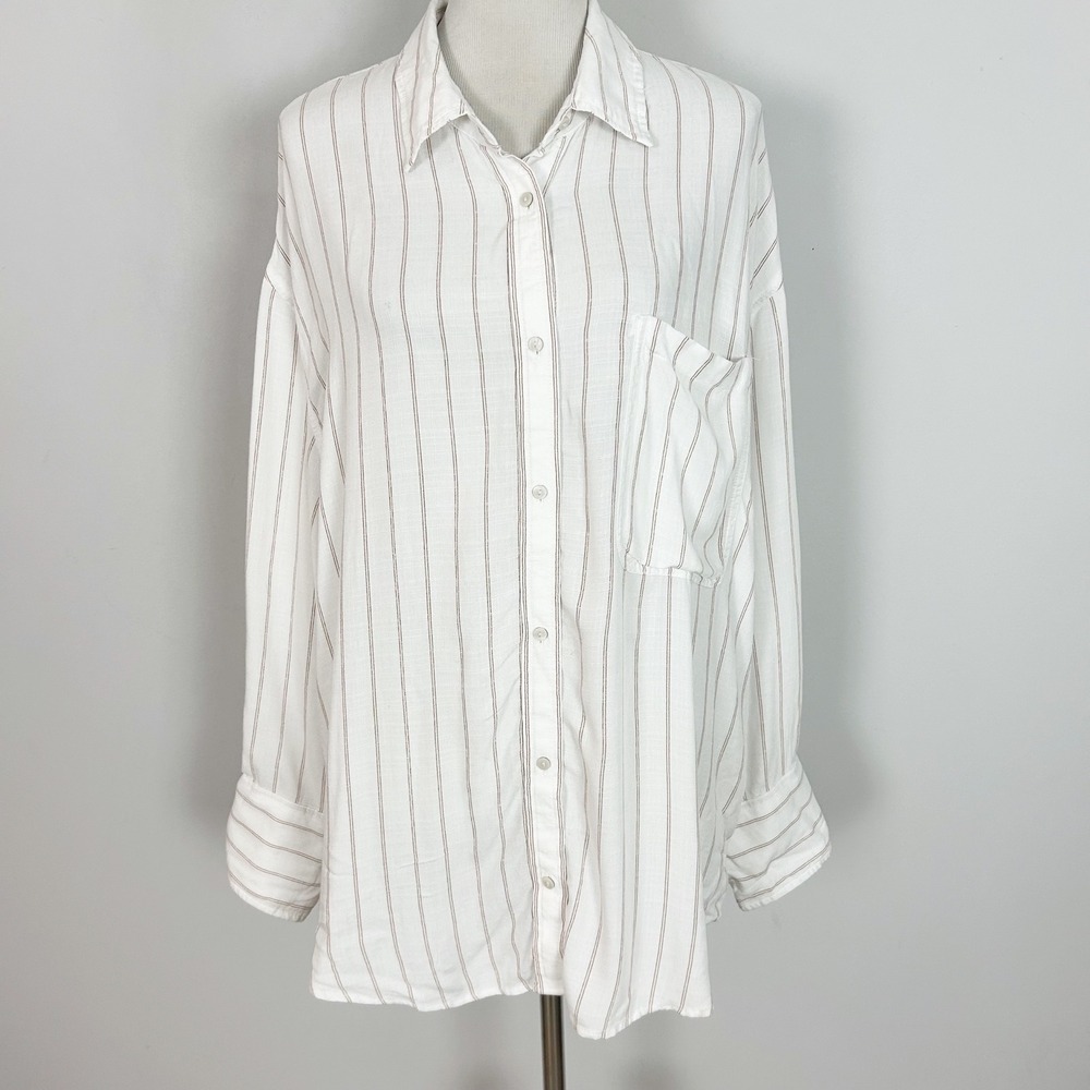 American Eagle Striped Tie Back Button Down Shirt White Brown Size Large